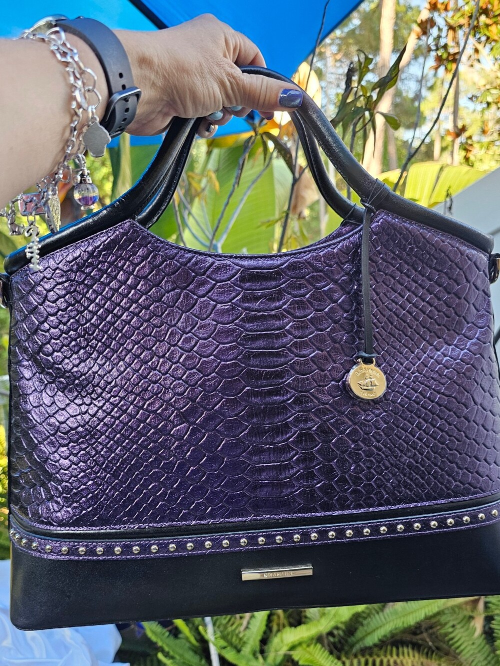 NWT Brahmin Elaine Ultraviolet Altair Snakeprint Embossed Leather Satchel